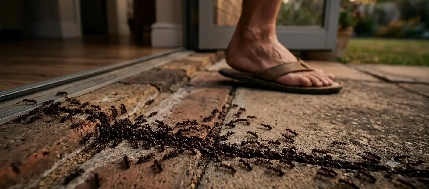 Trail of ants on the ground outdoors