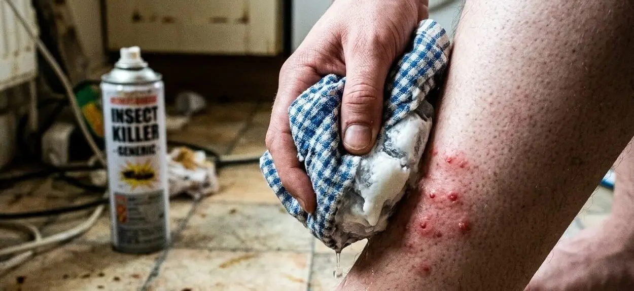 A close-up view of a person's lower leg showing a cluster of red, swollen ant bites and fluid-filled pustules, with an ice pack wrapped in a cloth being applied for relief.