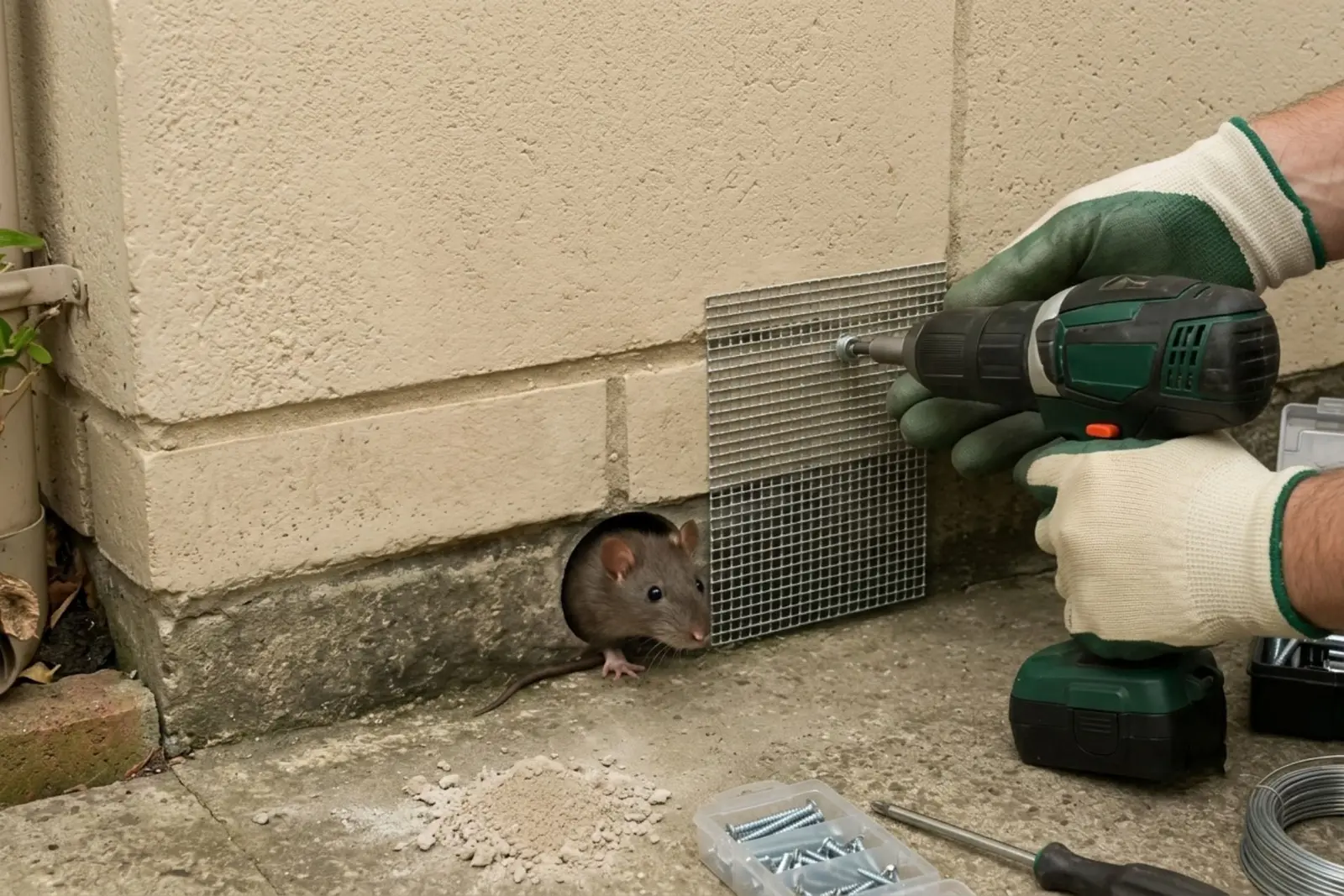 Wire mesh sealing a gap to keep mice out