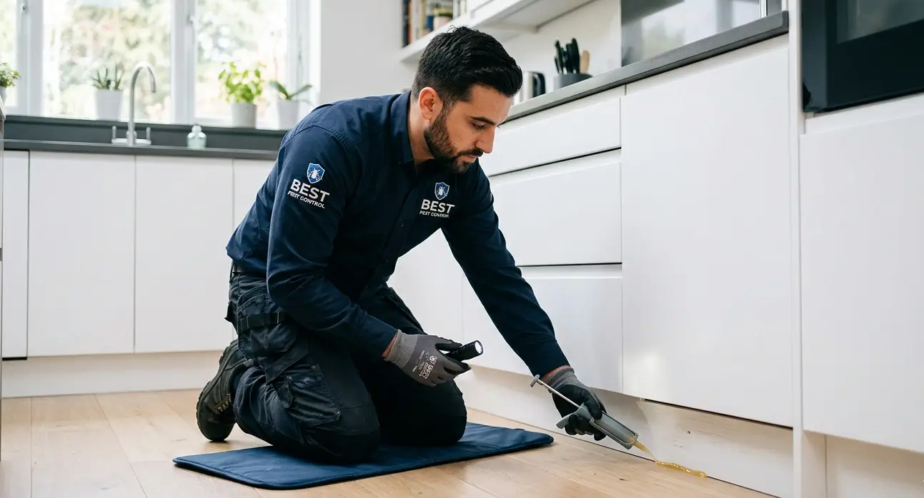Pest control technician treating ant nest kitchen skirting board London