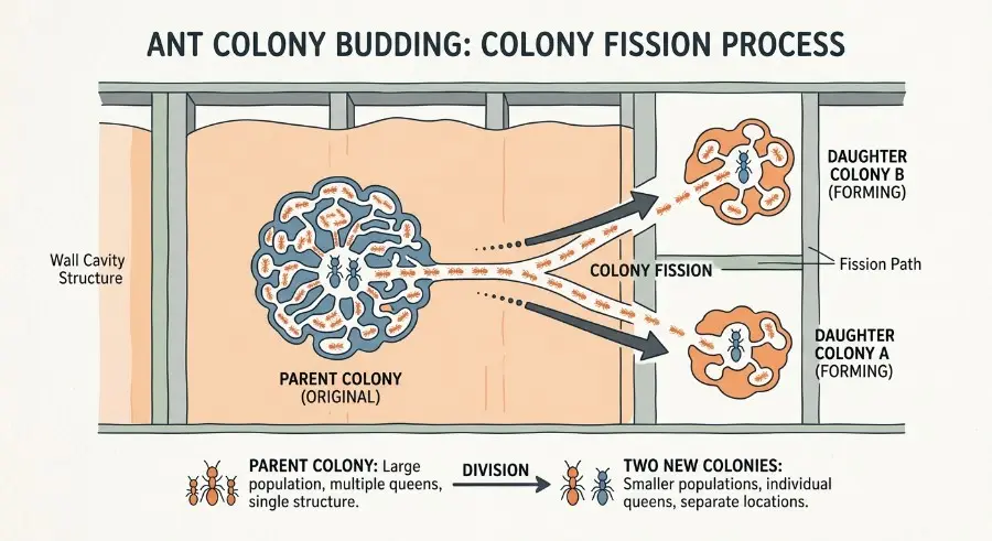 Diagram of a pharaoh ant colony with several queens and satellite nests
