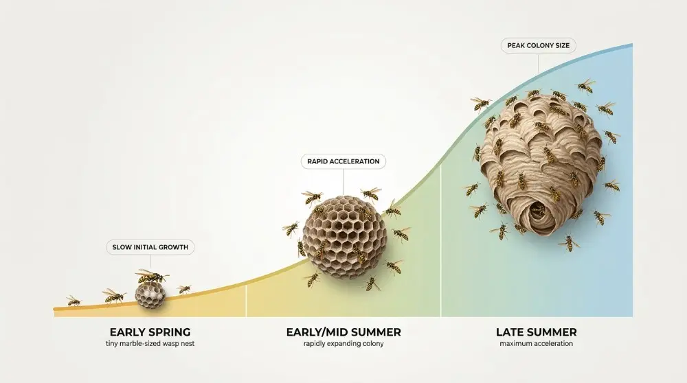 Small spring wasp nest next to a large summer nest