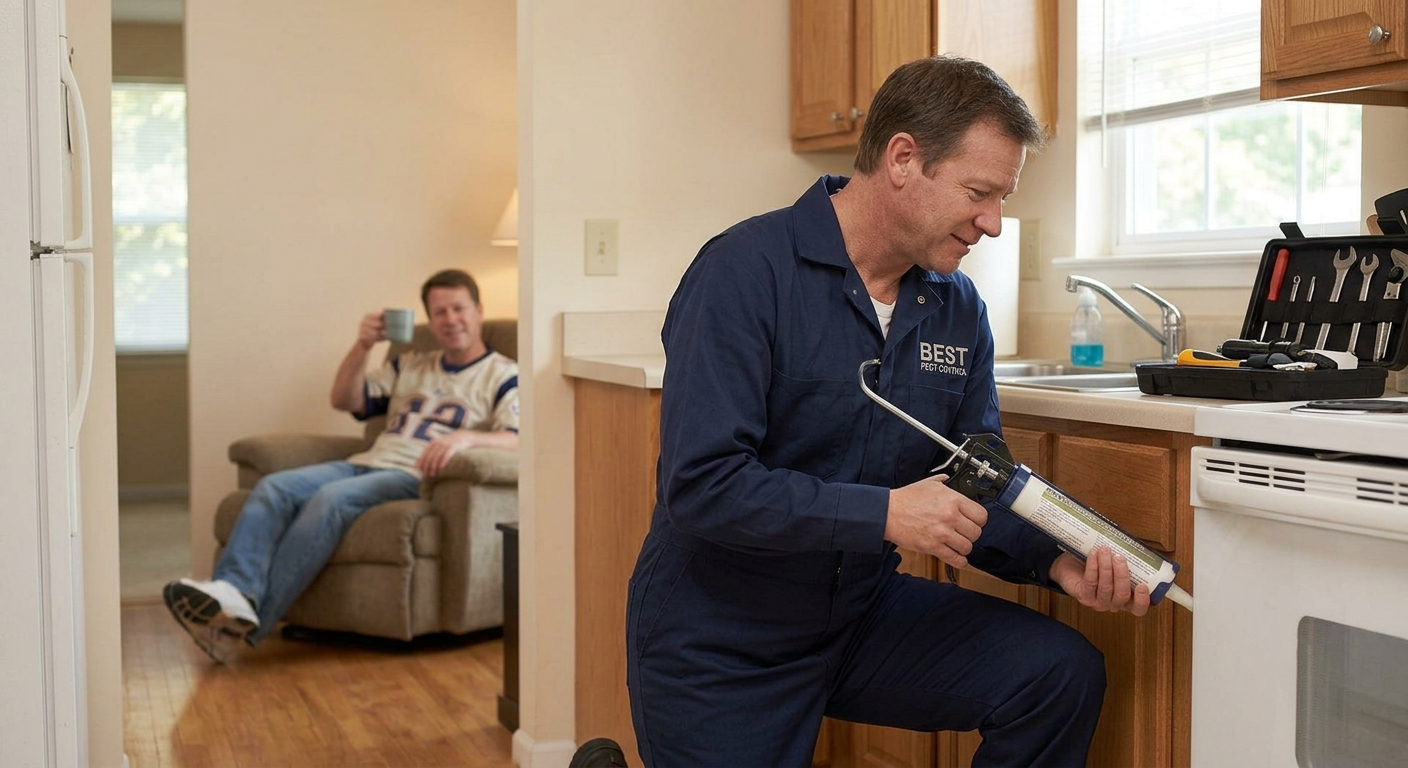 A pest control technician sealing gaps under kitchen cabinets with a caulking gun.