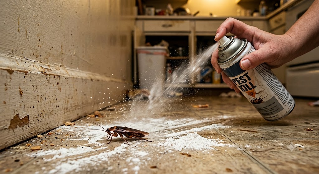 A person using an aerosol spray can to treat a cockroach on a dirty kitchen floor, illustrating common but often ineffective DIY pest control methods.