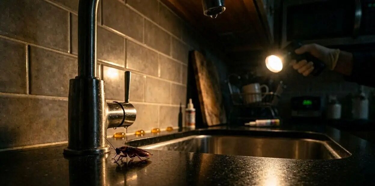 A large cockroach crawling on a kitchen countertop while a person holding a glass of water is blurred in the background, highlighting the issue of household pest contamination.
