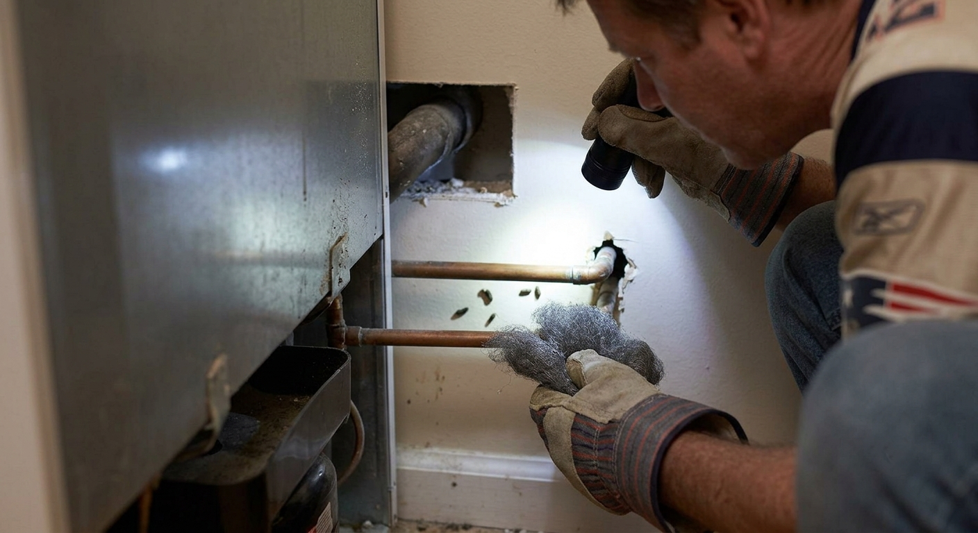 Shining a flashlight behind appliances to check pipes for pest entry points.