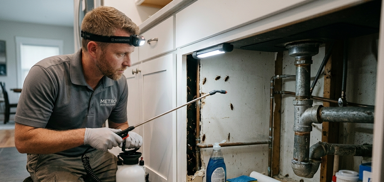 A professional pest control technician wearing a headlamp and gloves, kneeling to inspect and spray targeted treatments inside an open kitchen cabinet beneath the sink, where cockroaches are nesting on the back wall near the plumbing pipes.