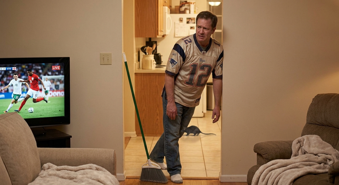 A man with a broom spots a rat in the kitchen while watching a football match.