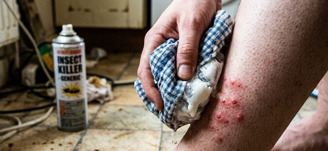 A close-up view of a person's lower leg showing a cluster of red, swollen ant bites and fluid-filled pustules, with an ice pack wrapped in a cloth being applied for relief.