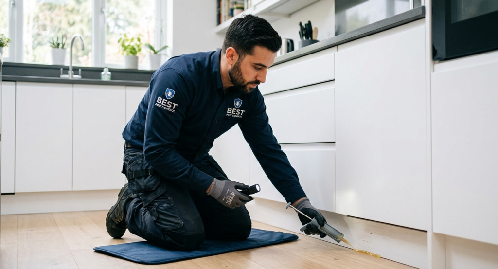Pest control technician treating ant nest kitchen skirting board London