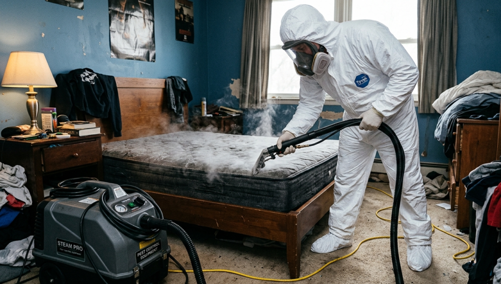 Pest control technician steam treatment bed bugs mattress London
