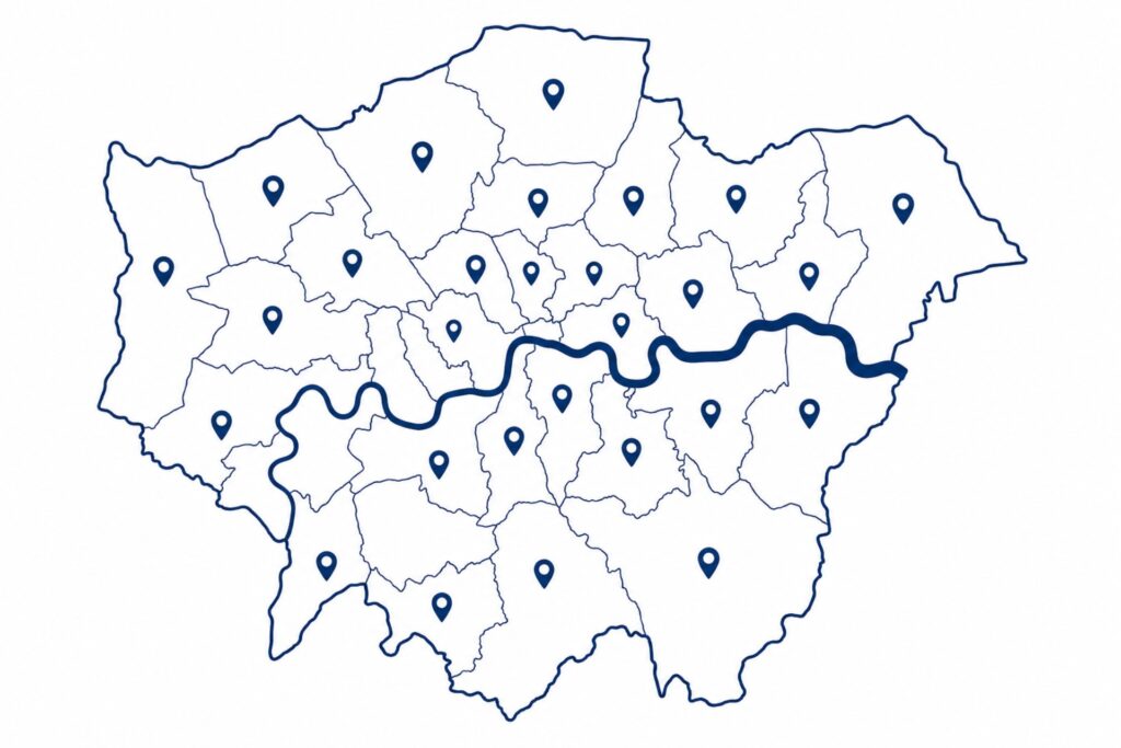 Illustrated map outline of London boroughs covered by Best Pest Control London